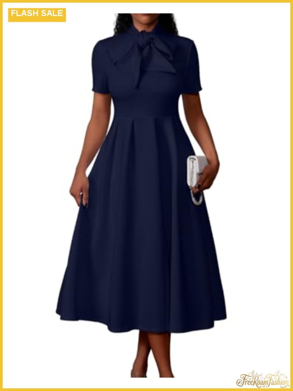 Elegant Short Sleeve A-Line Dress with Pockets - Polyester Spandex
